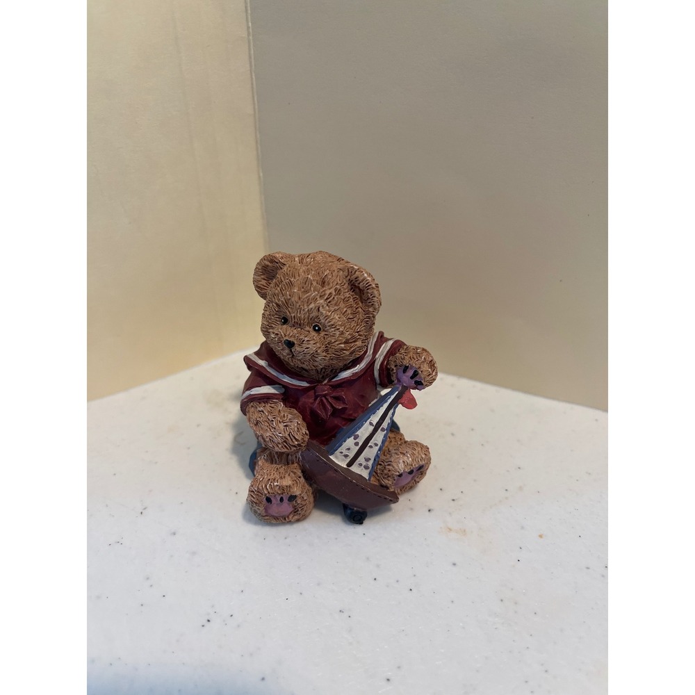 Vintage Miniature Sailor Teddy Bear Figurine Holding Sailboat Nautical Decor